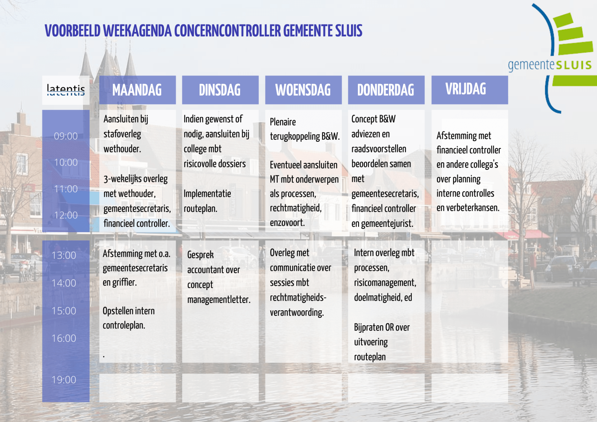 Een wekelijkse agenda met een stad op de achtergrond