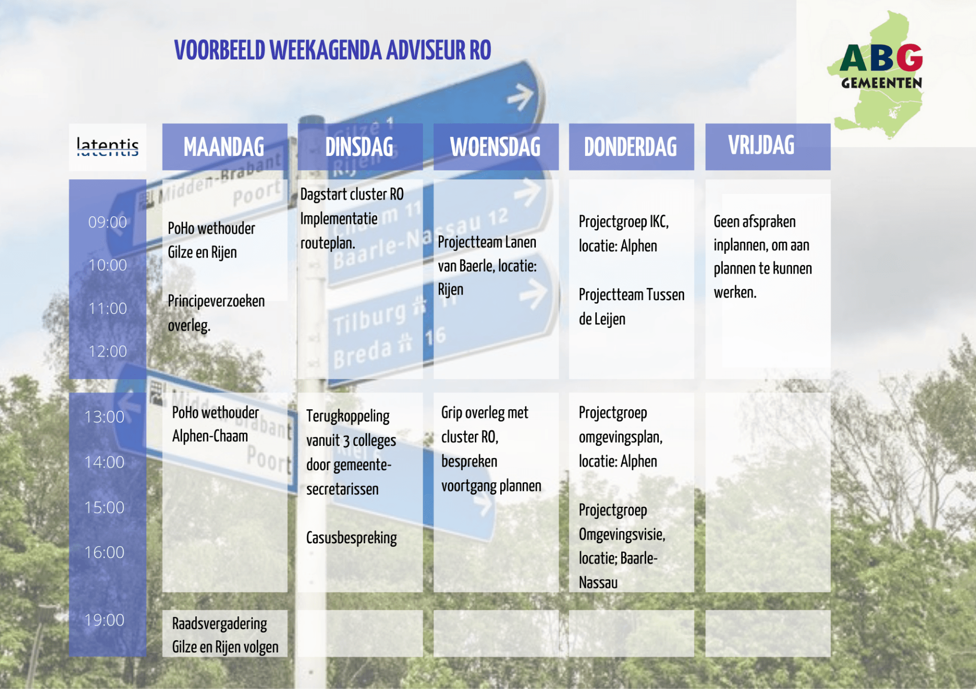 Een poster met een blauw bordje met de tekst 'aeg' erop