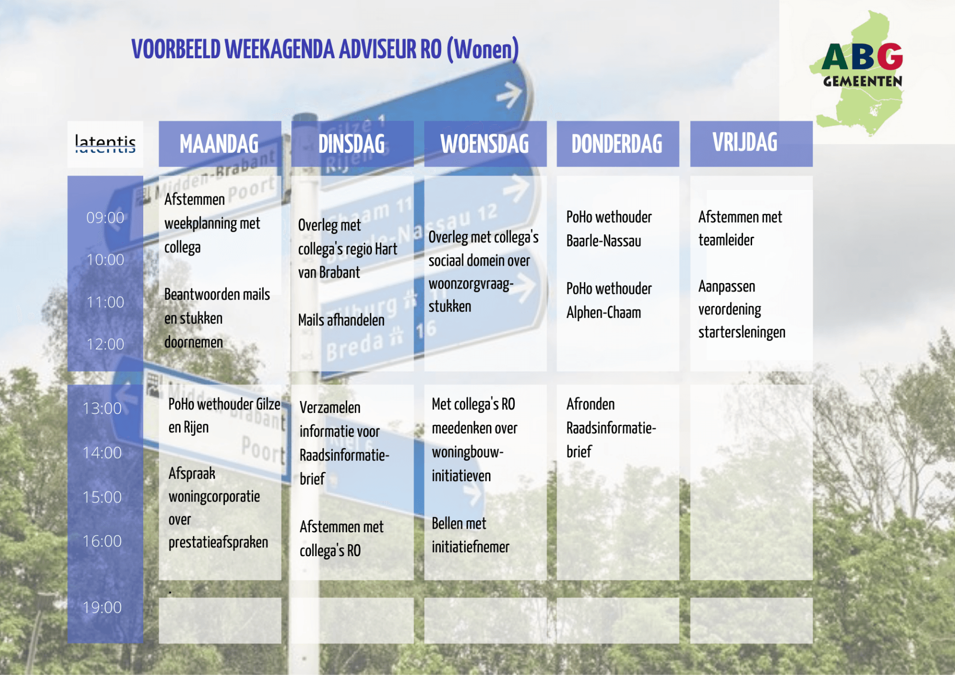 Een weekschema met een bordje waarop 'aeg' staat