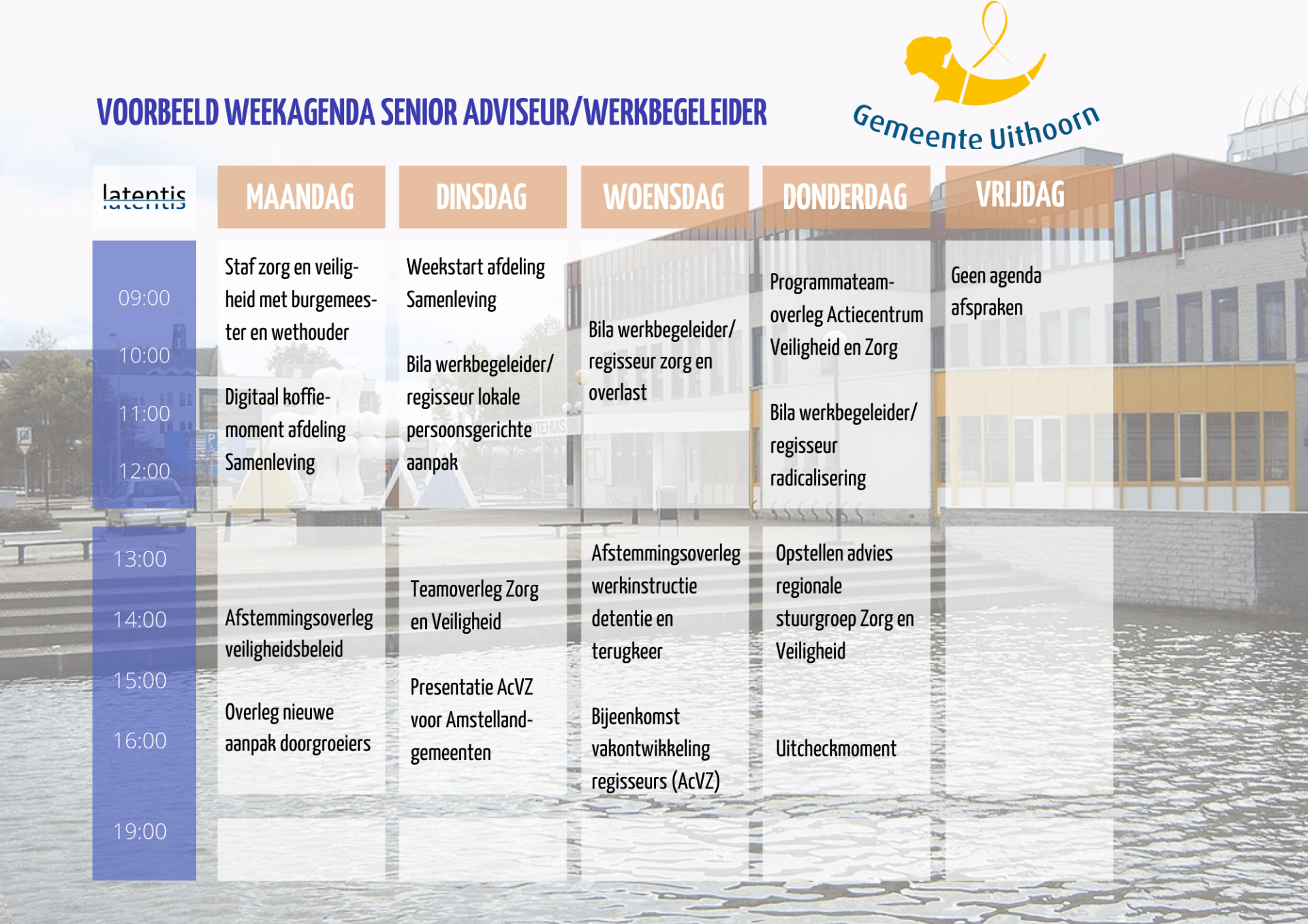 Een weekschema met een gebouw op de achtergrond