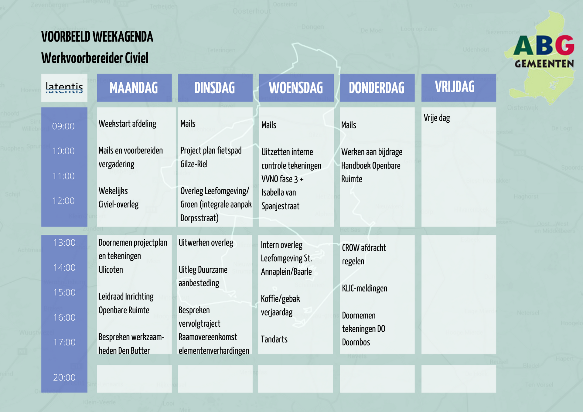 Een wekelijks schema voor een bedrijf genaamd abg