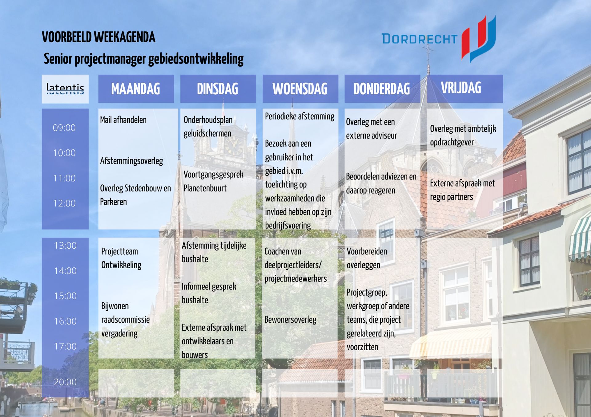 Een weekschema met een afbeelding van een gebouw op de achtergrond