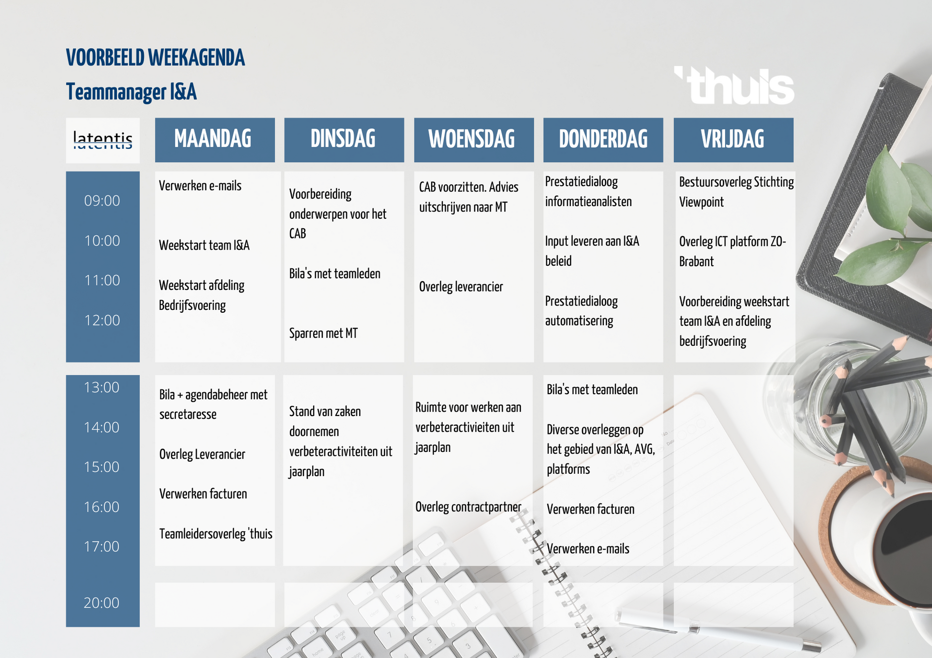 Een kalender met een toetsenbord en een tablet op een bureau.