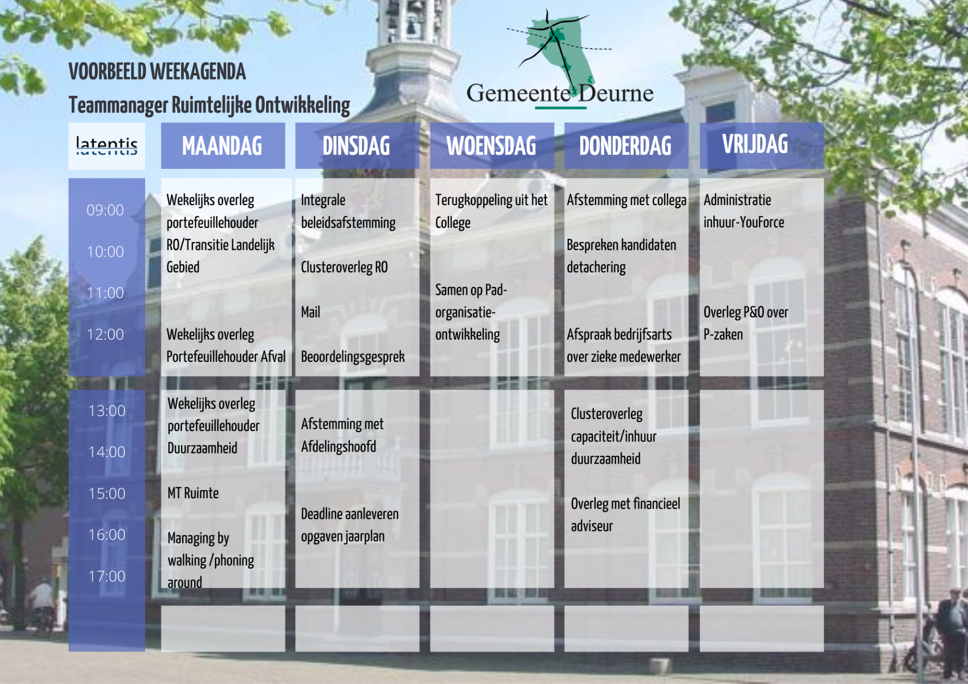 Een wekelijkse agenda met een foto van een gebouw op de achtergrond