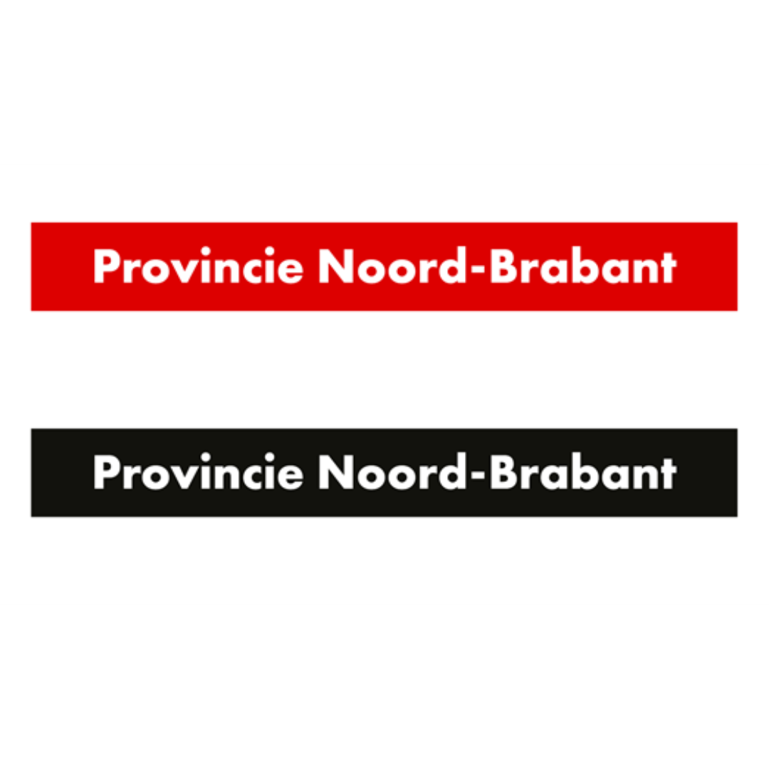 Twee horizontale rechthoekige tekstvakken: één rood en één zwart, met in witte tekst 