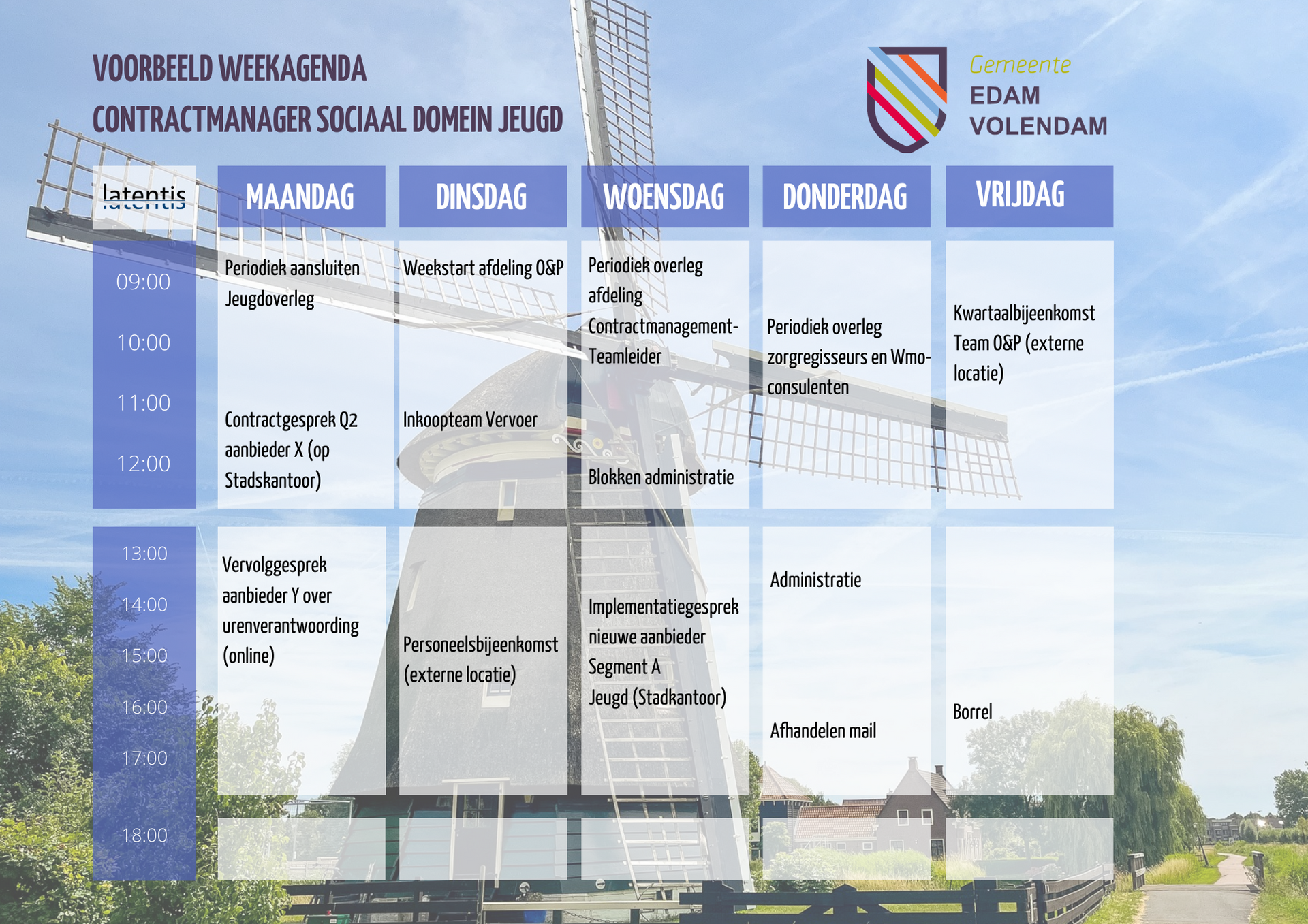 Een wekelijkse agenda met een windmolen op de achtergrond