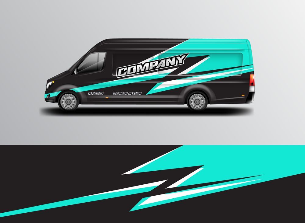 A black and blue van with a company logo on it.