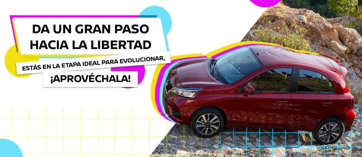 Auto roja sobre fondo blanco con texto promocional en español: “Da un gran paso hacia la libertad”.