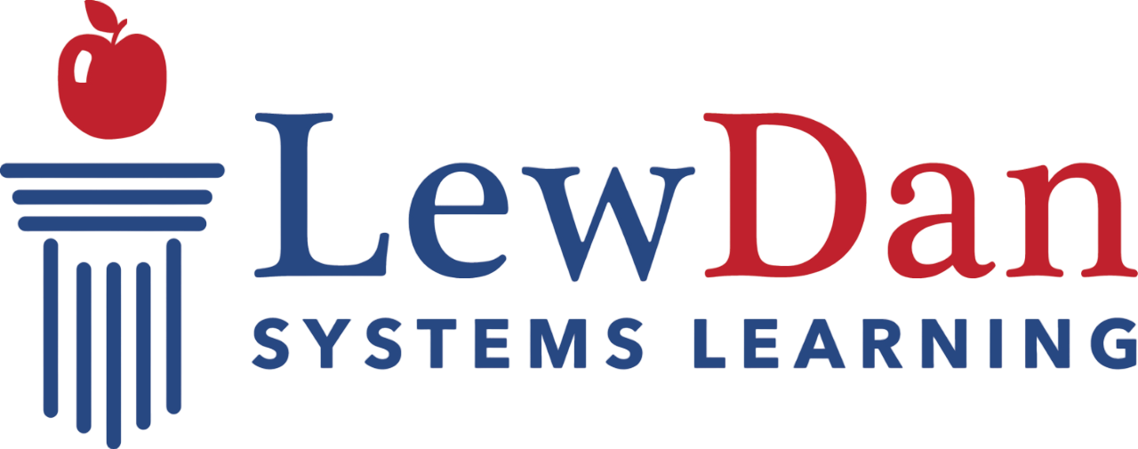 The logo for lew dan systems learning has a red apple on it.