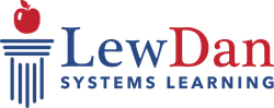 The logo for lew dan systems learning has a red apple on it.