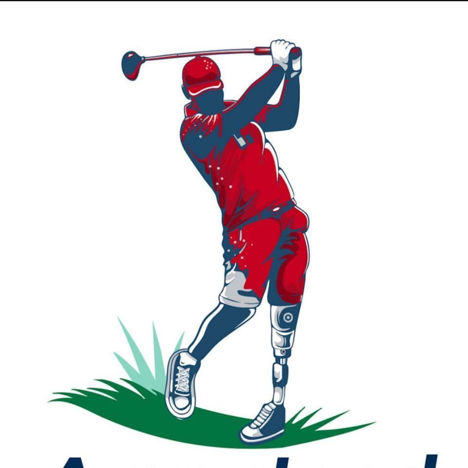 Golfer in red and navy mid-swing on a white background with green grass beneath