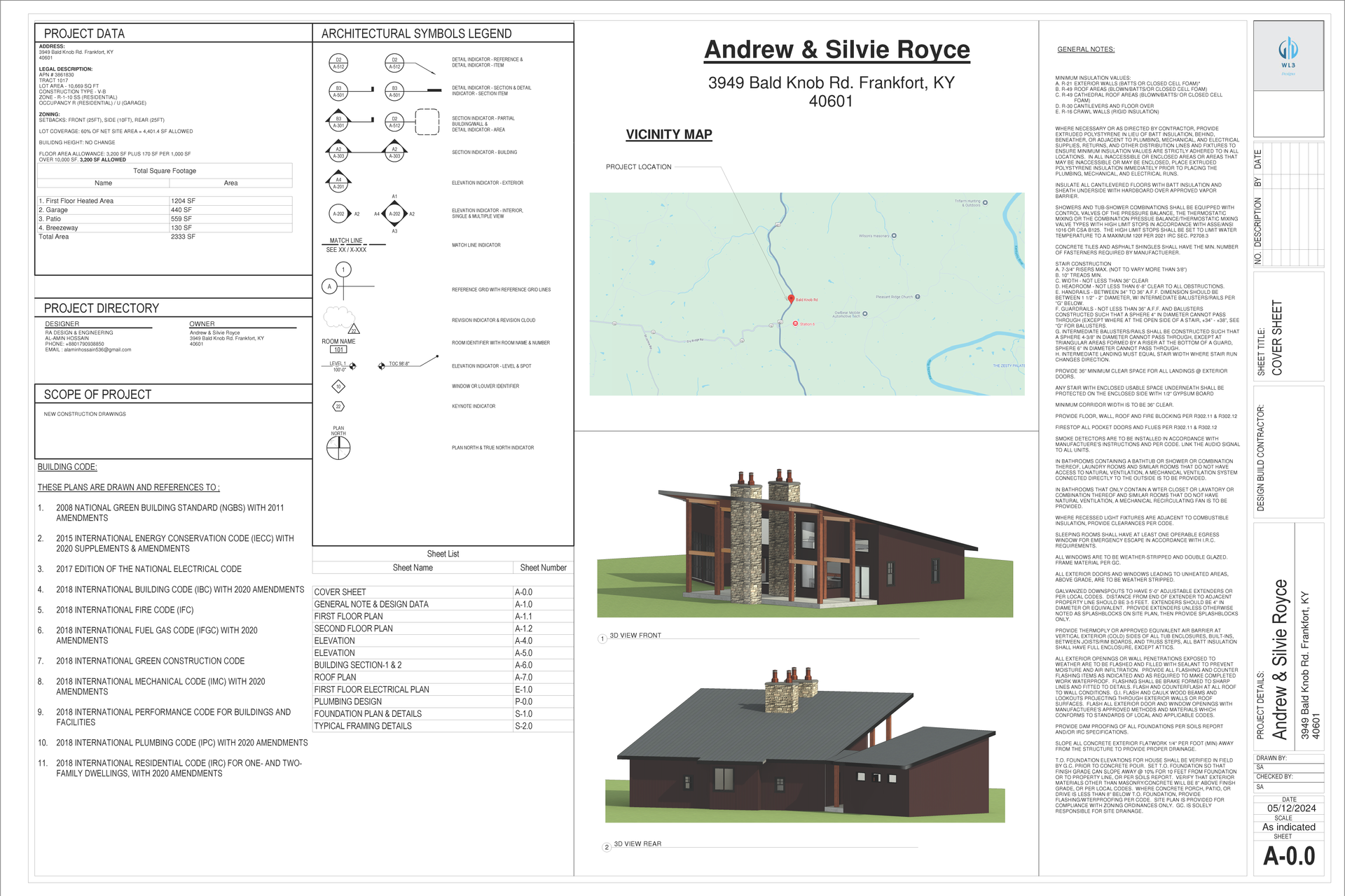 Architectural plans for a house, including symbols, site map, and 3D renderings of the exterior.