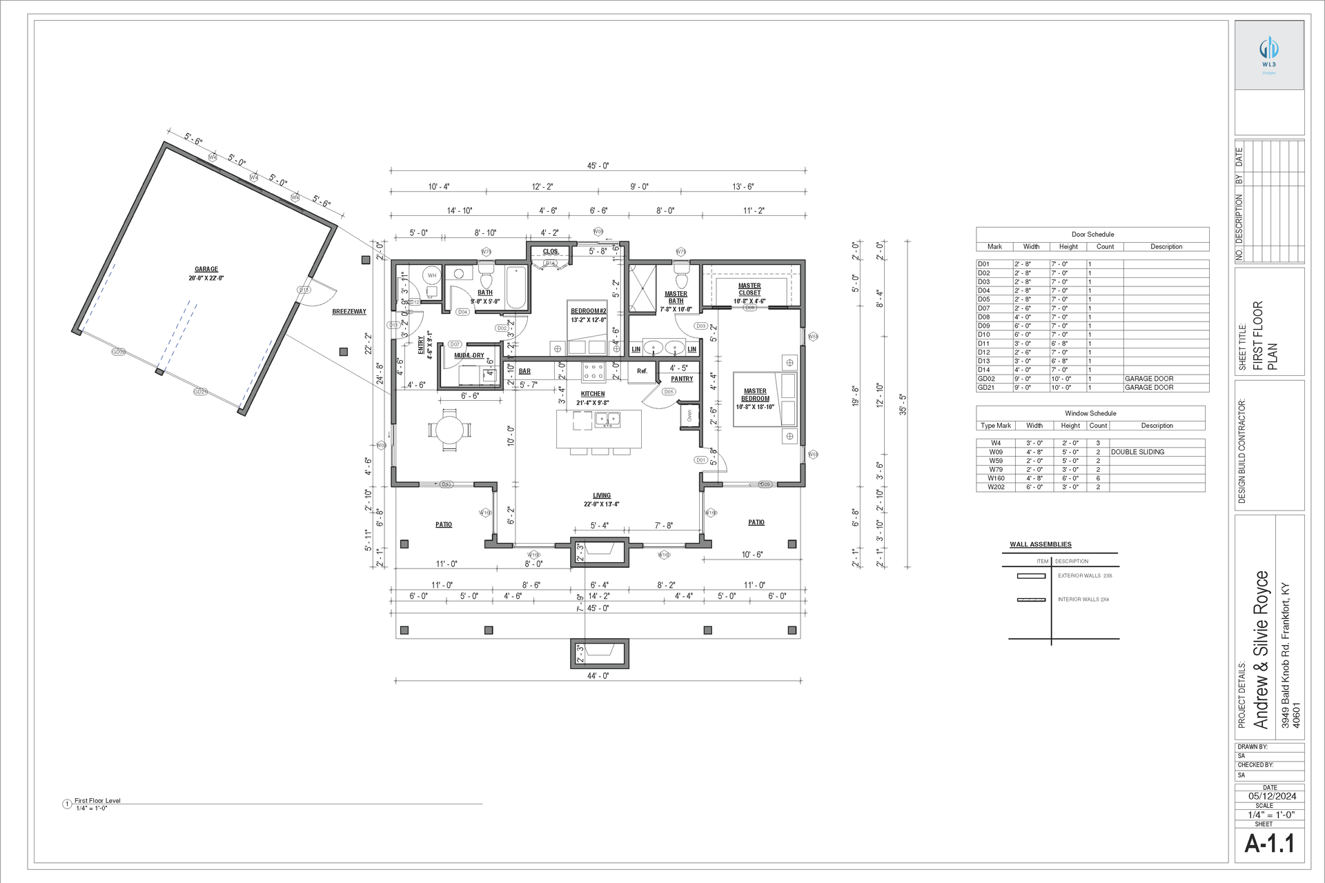 Architectural floor plan of a house with dimensions, labeled rooms, and a detached square plan.