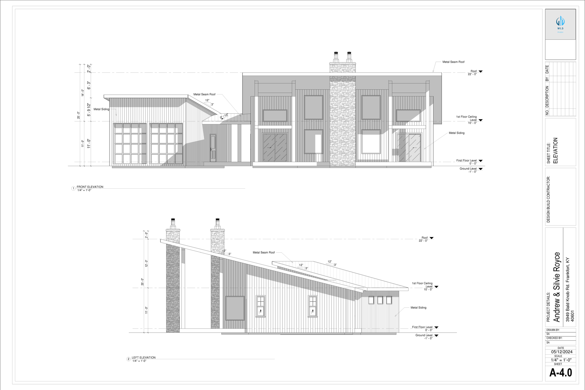 Architectural plan of a modern house, showing elevations and roof lines.