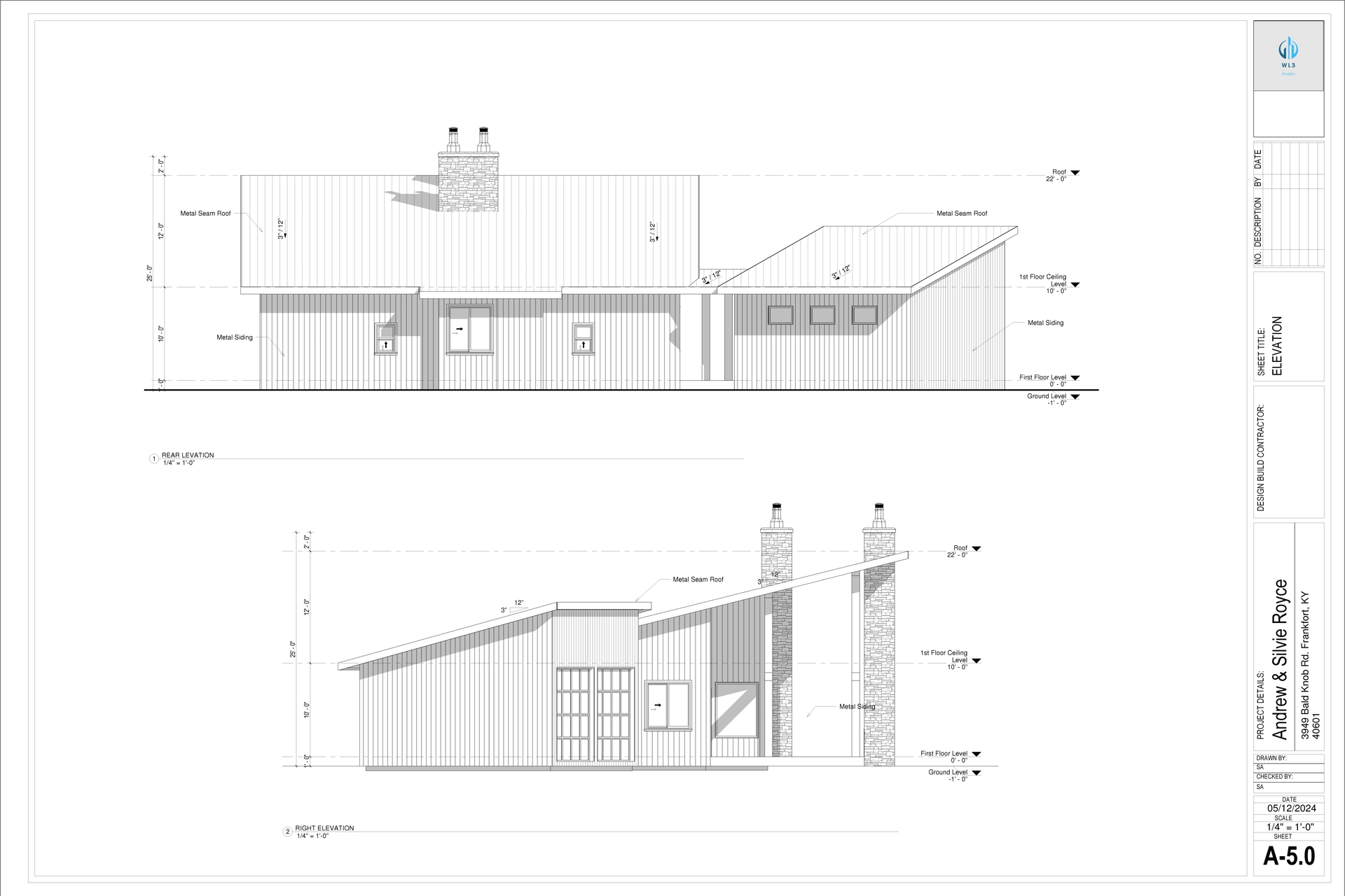 Architectural drawings of a single-story building with a chimney and angled roof.