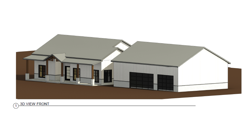 3D rendering of a house with attached garage, gray roof, brown facade, and garage doors.