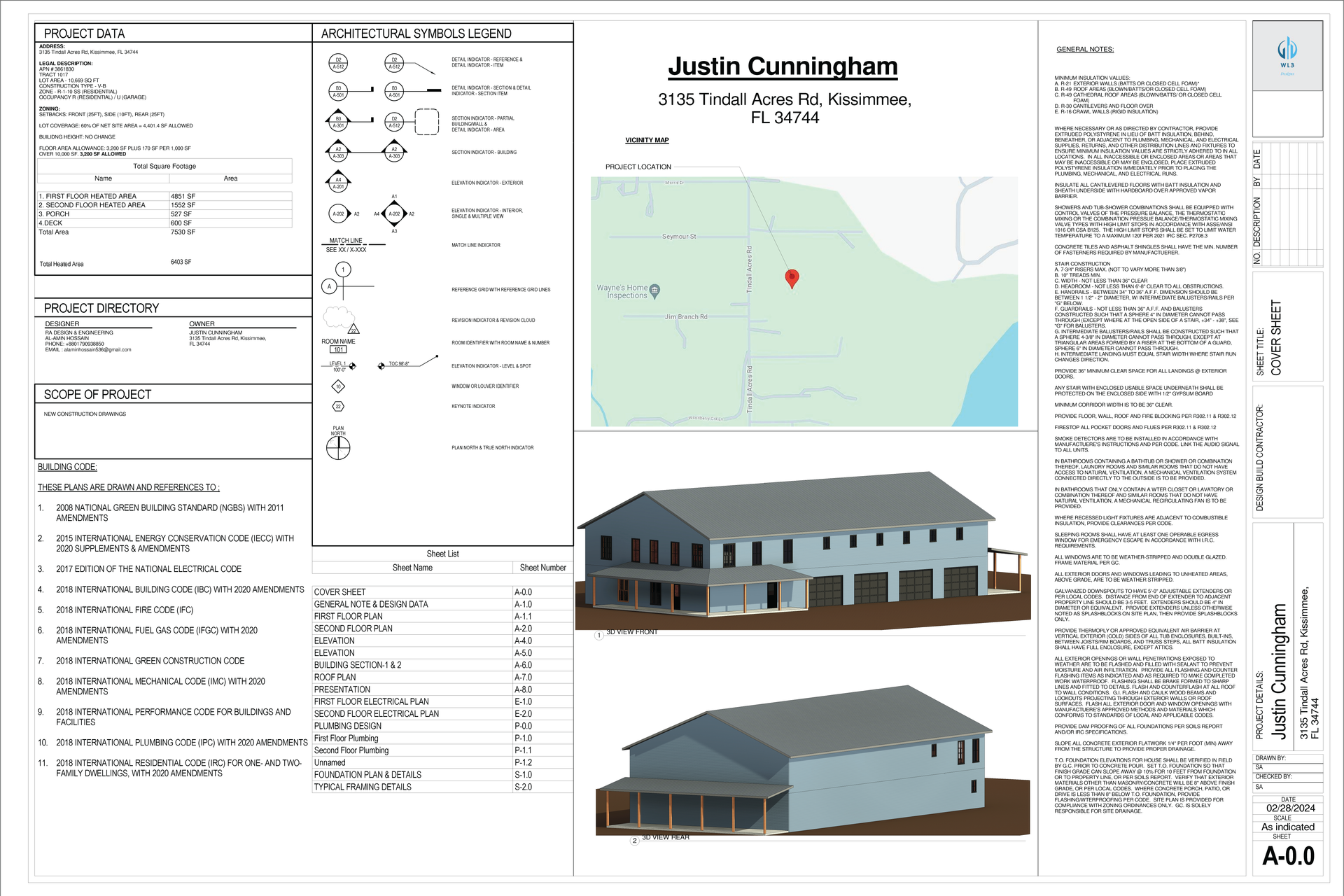 Architectural plans: two-story building rendering and site map. Contains a legend, details, and text on a white background.