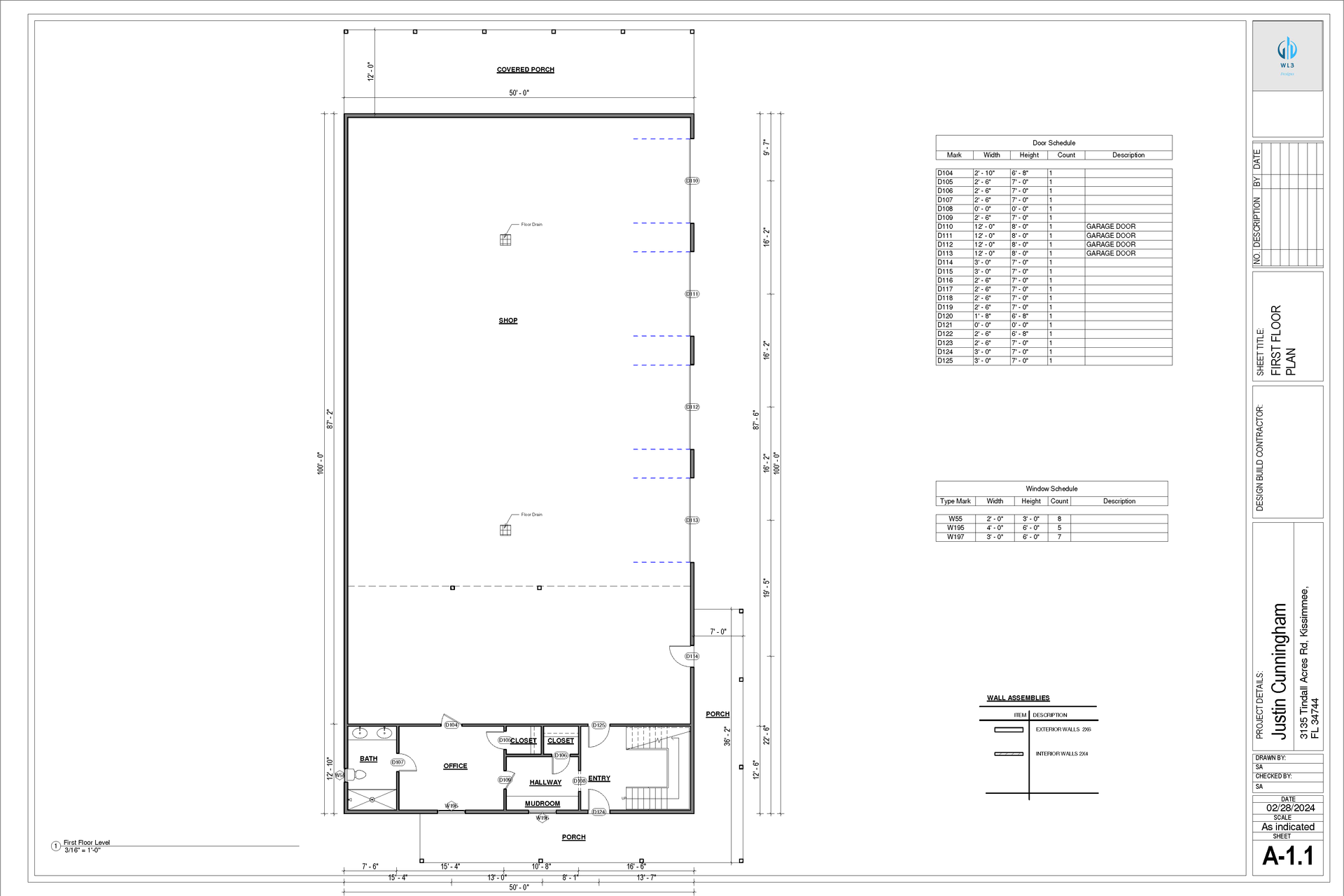 Architectural drawing: a rectangular building with measurements, interior layout, and a table of specifications.