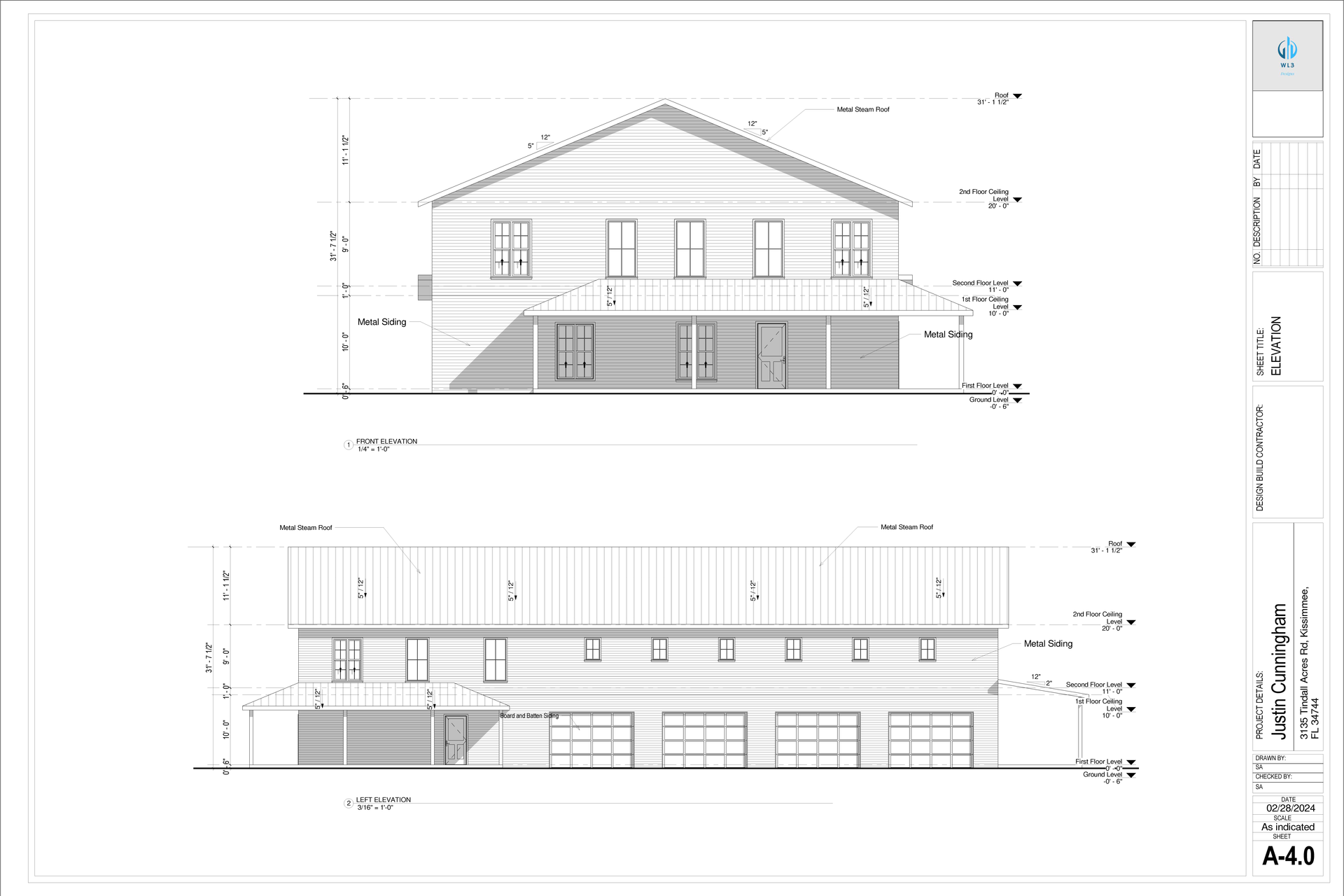 Architectural drawings of a two-story building. Top view shows the front facade, bottom view shows a side profile.