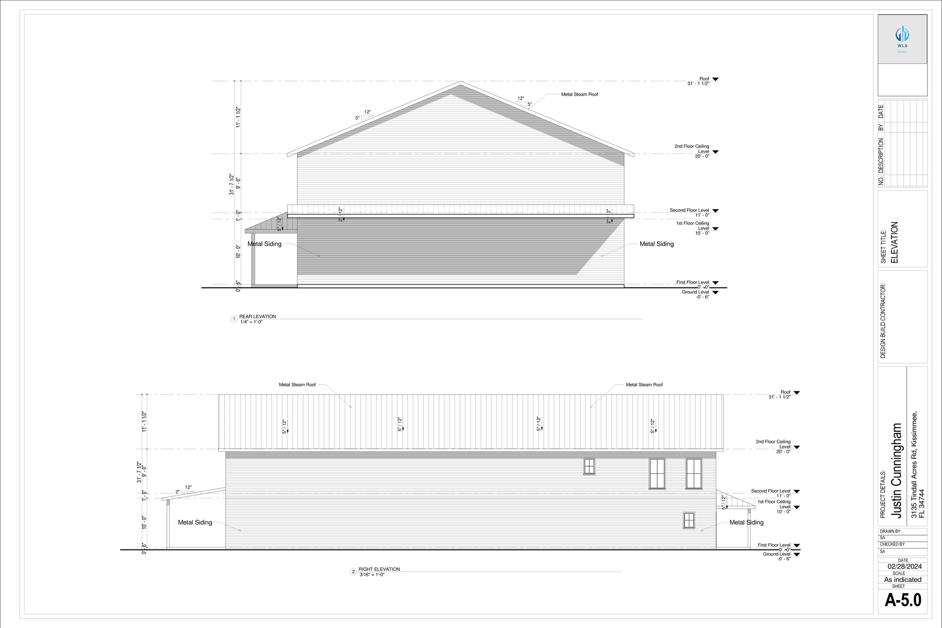 Architectural drawings of a building's side elevation and facade, showing roofline, windows, and measurements.