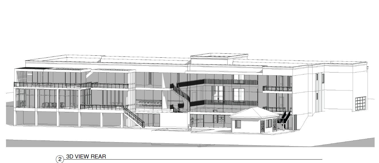 Architectural rendering of a multi-story building with glass and concrete facade, a staircase, and a covered entrance.