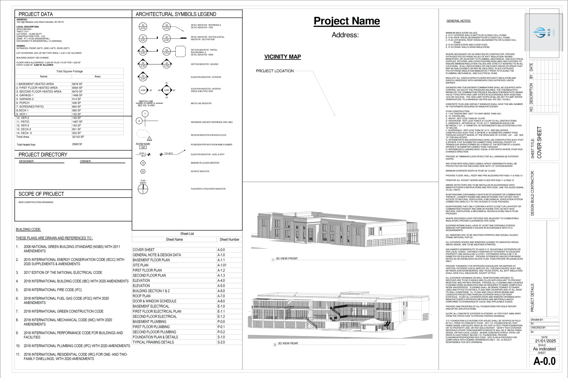 Architectural drawing: exterior perspective views of a multi-unit building with text annotations, legends
