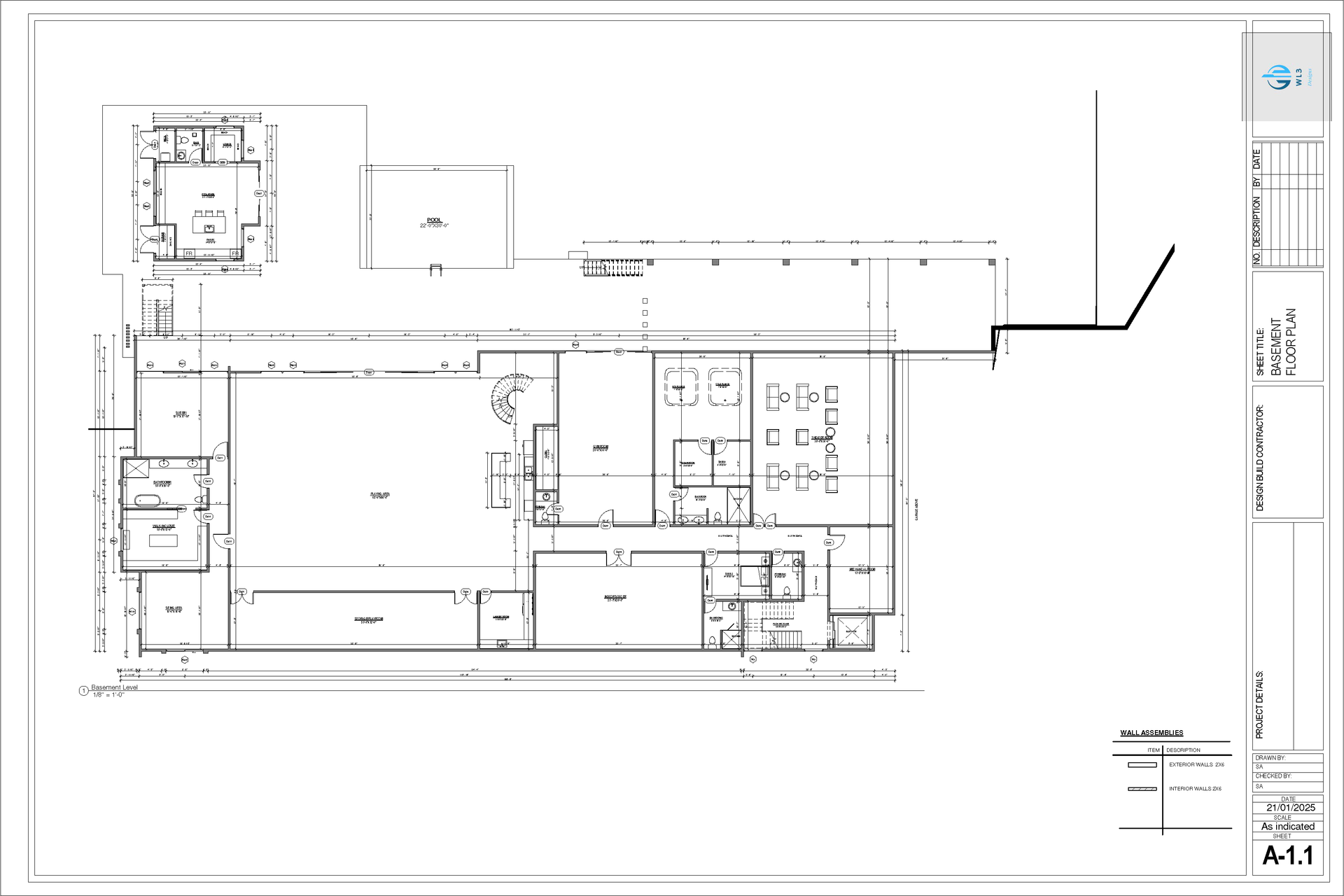 Architectural floor plan of a building, showing various rooms and layouts with detailed walls and dimensions.