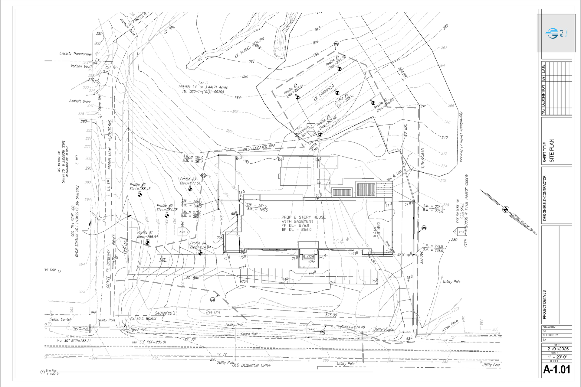 Architectural site plan of a building with contour lines and surrounding vegetation.