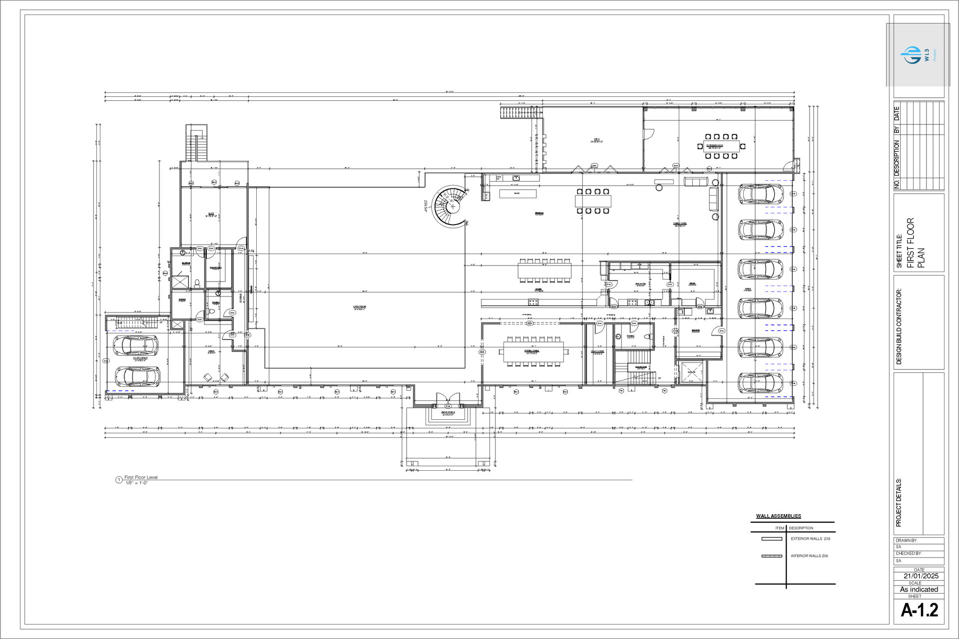 Architectural floor plan of a building, showing rooms, walls, and exterior features like doors and parking spaces.