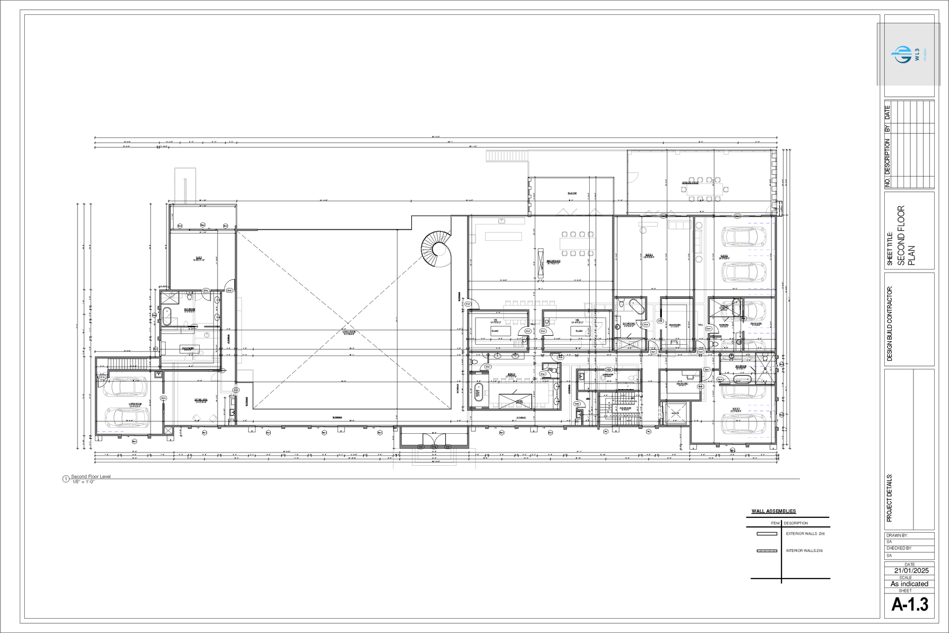 Architectural blueprint of a building layout; detailed floor plan with rooms, walls, and dimensions.