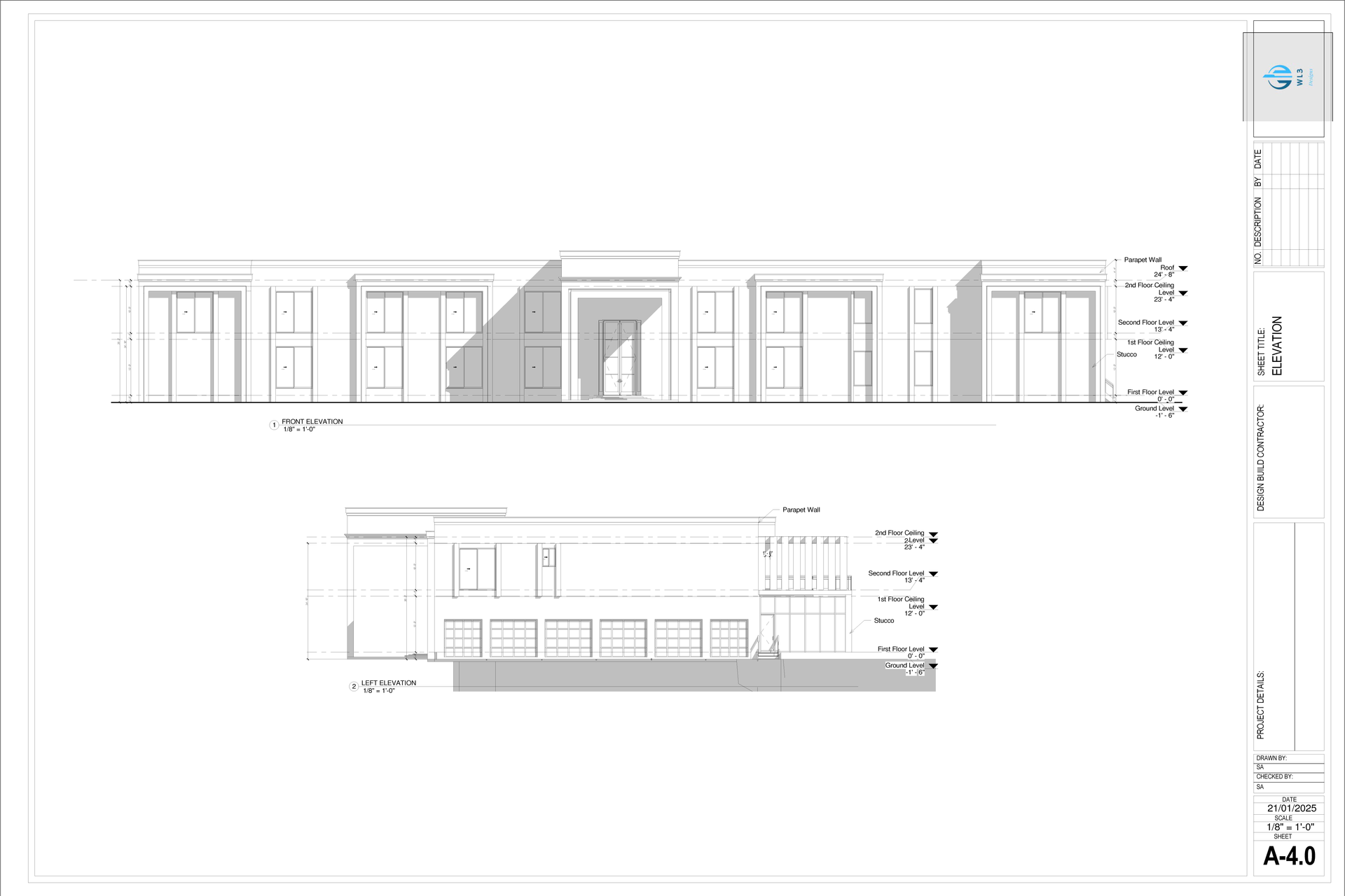 Architectural elevation drawings of a modern rectangular building with large windows and a central entrance.
