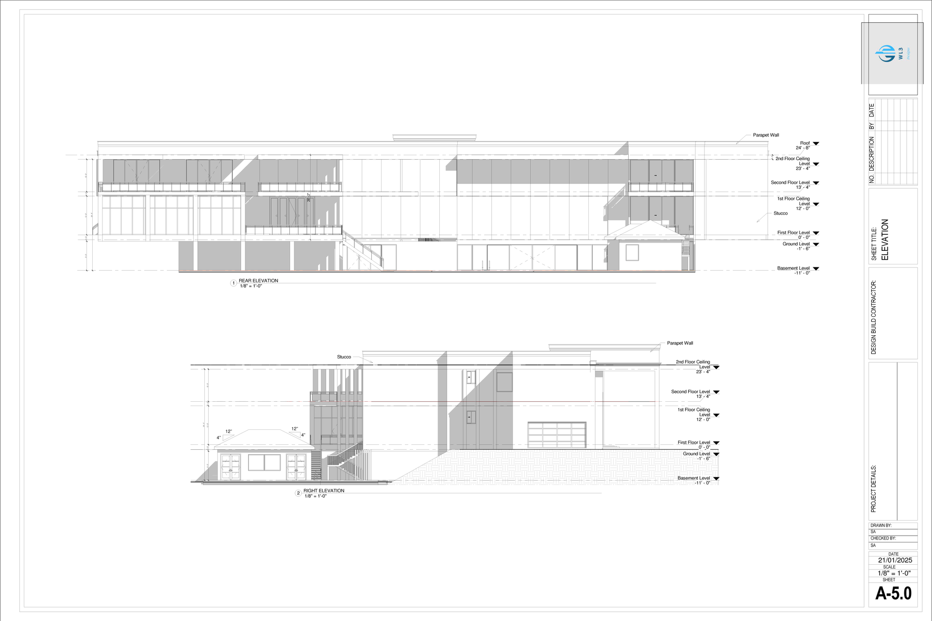 Architectural drawings of a modern building elevation, showing horizontal and vertical sections with annotations.