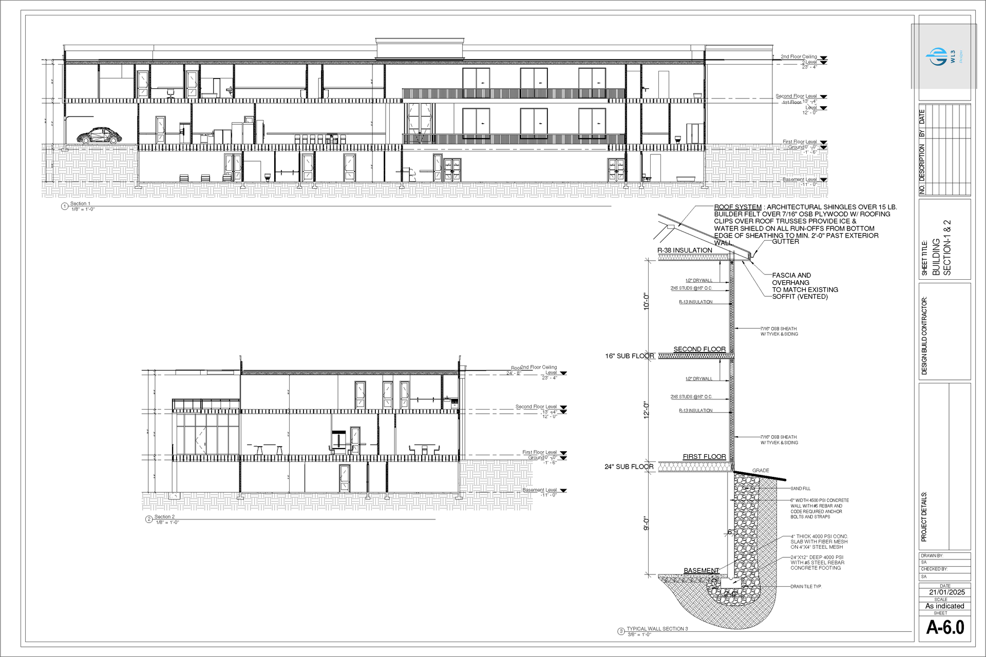 Architectural blueprints: building cross-sections showing floors, walls, and foundation details.