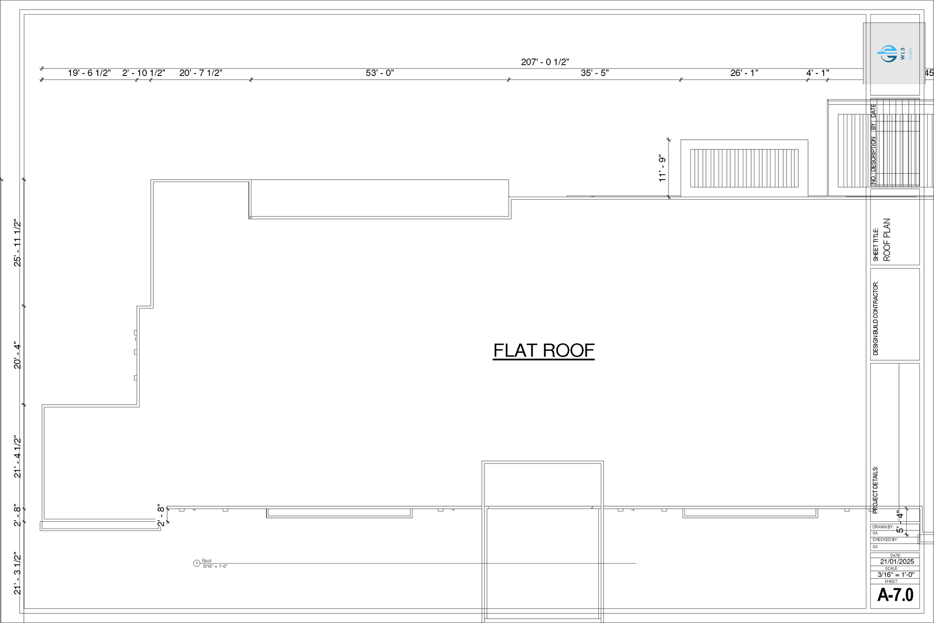 Architectural plan of a flat roof, labeled with dimensions and featuring building outlines.
