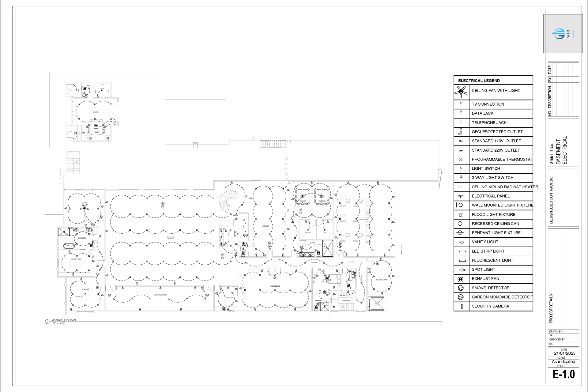 Architectural floor plan of a building, showing rooms, walls, and landscape features. A key is in the top right.