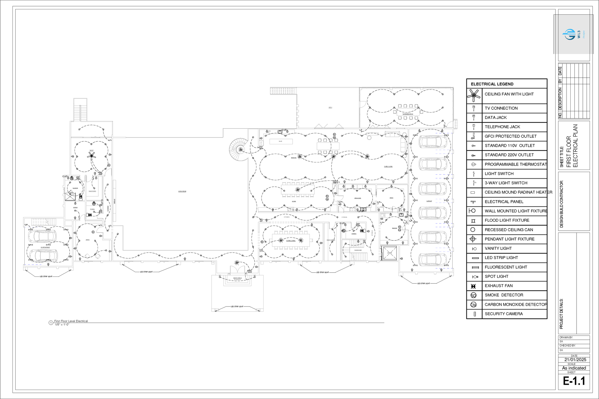 Architectural plan of a building and surrounding landscape. Includes a legend and various building and plant outlines.