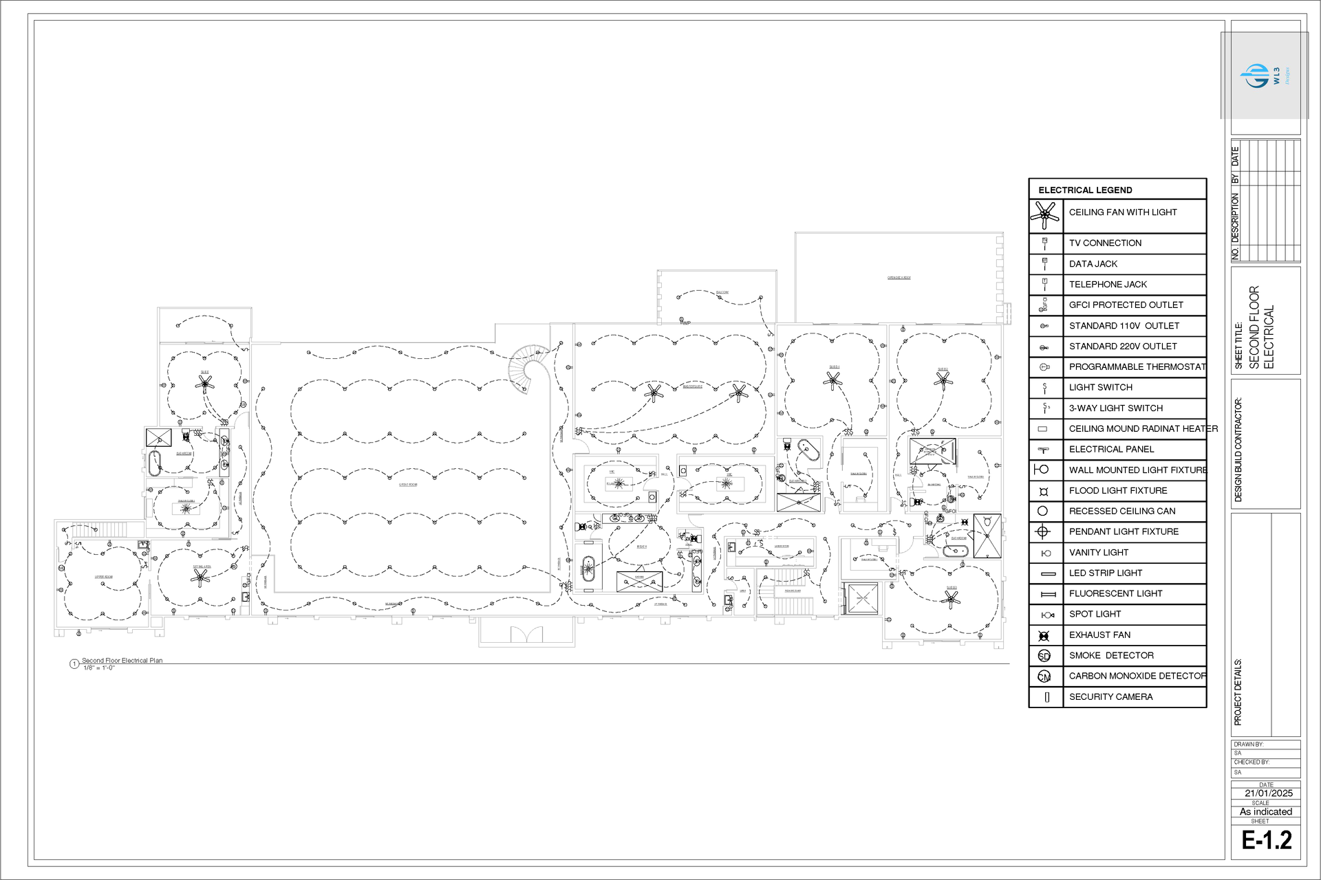 Overhead view of a building's layout, showing rooms, landscaping, and a key identifying elements, with a title block