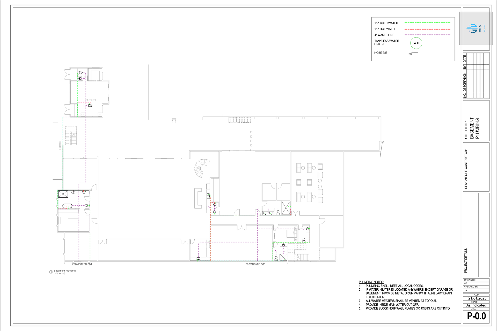 Architectural floor plan of a building layout with various rooms and measurements, with a title and legend on the side.