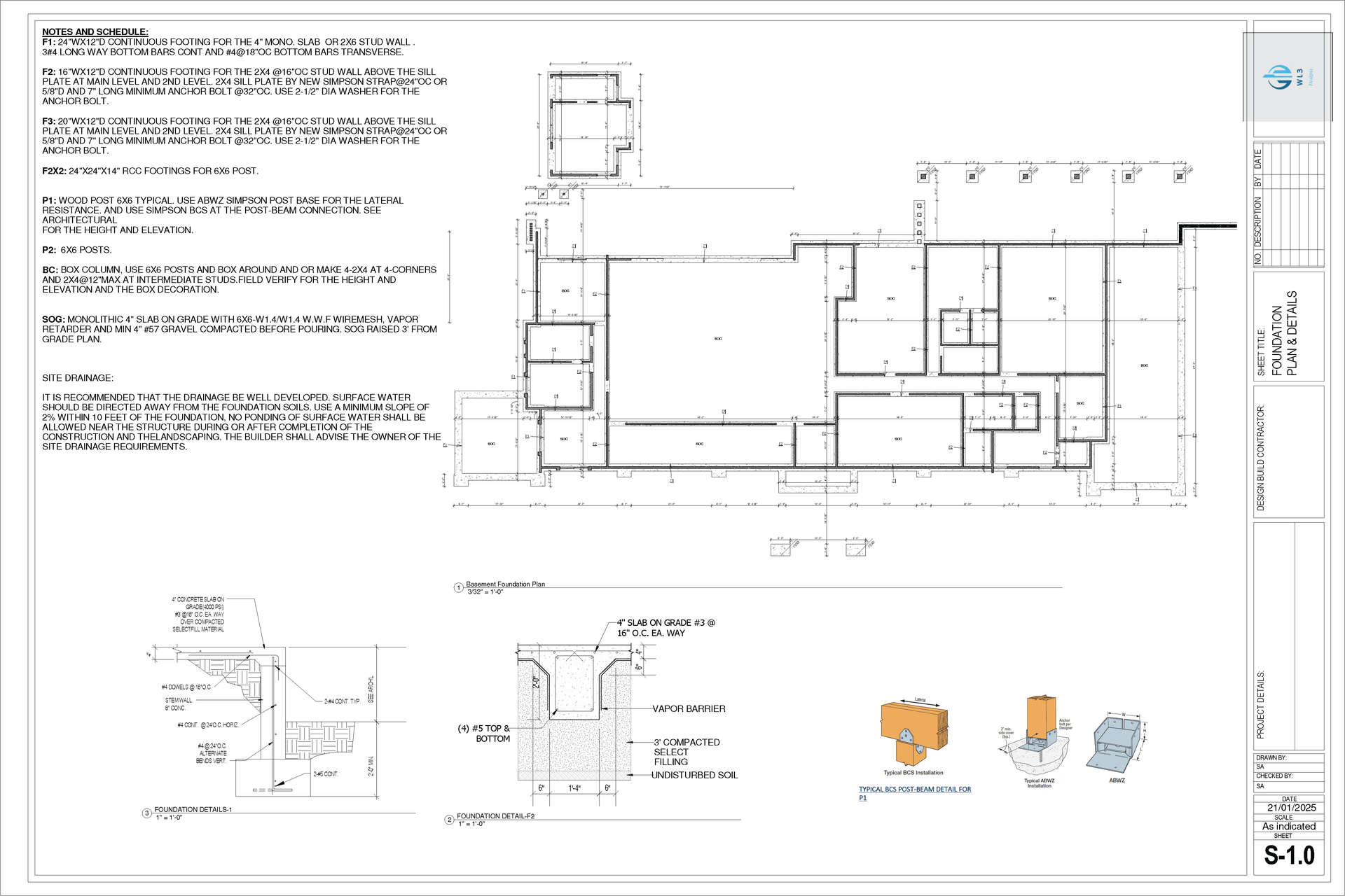 Architectural floor plan with text annotations and detail drawings.