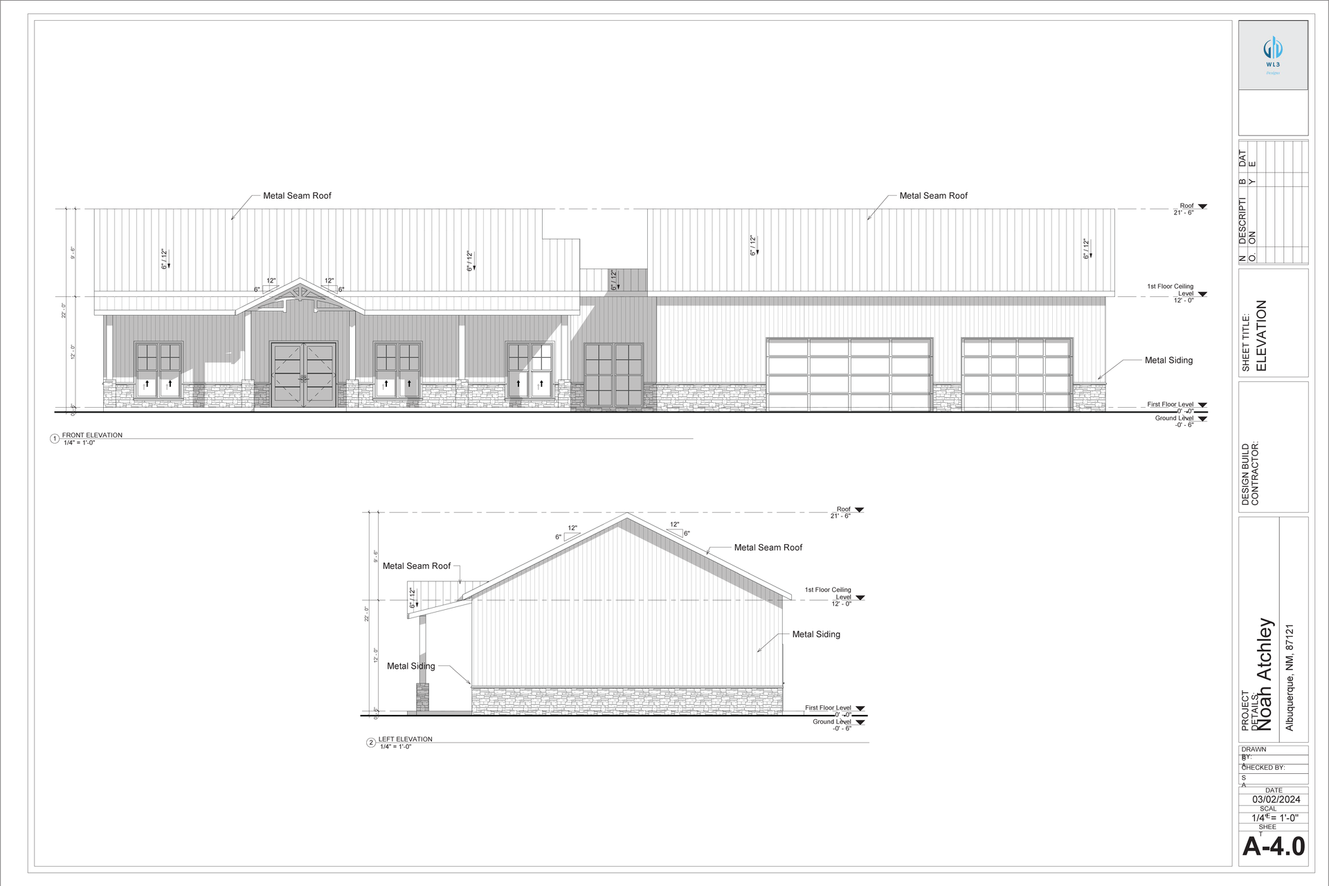 Architectural drawings of a single-story building with a peaked roof, stone base, and garage doors.