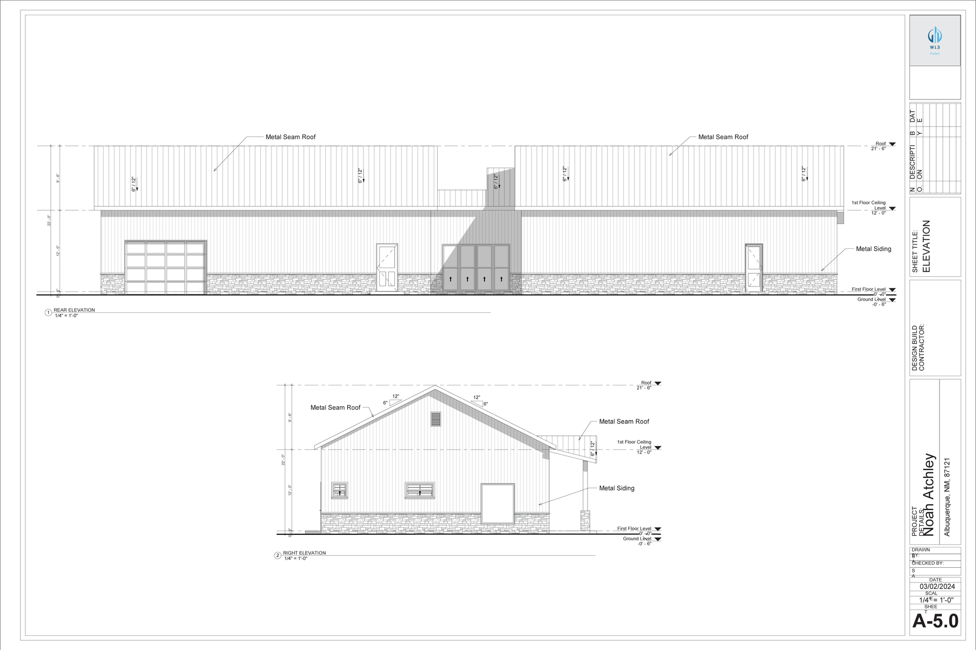 Architectural plan of a building with elevation and side views. Shows garage door, windows, and roof details.