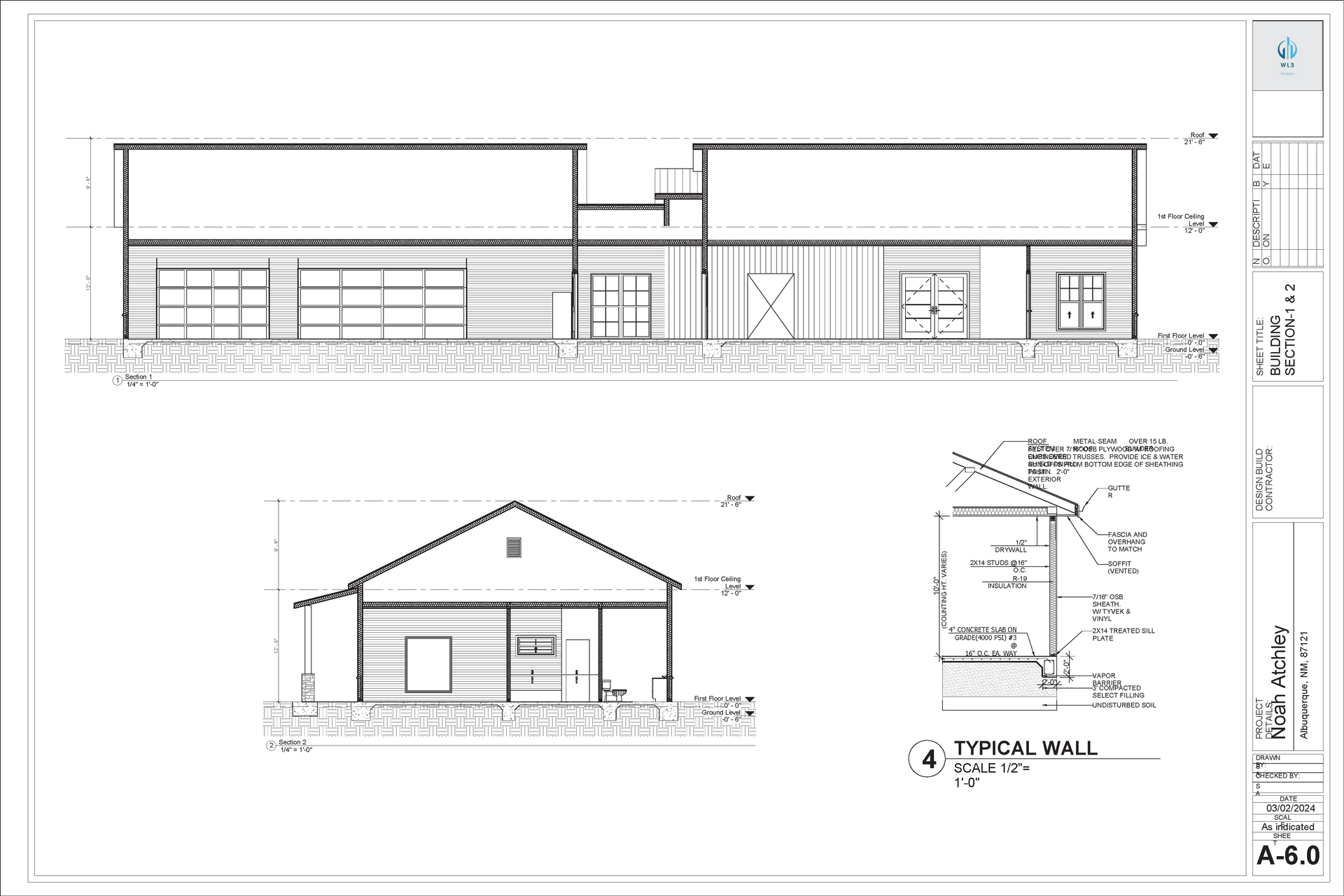 Architectural drawings of a building's elevation and exterior wall detail, showing windows, doors, and a roof.