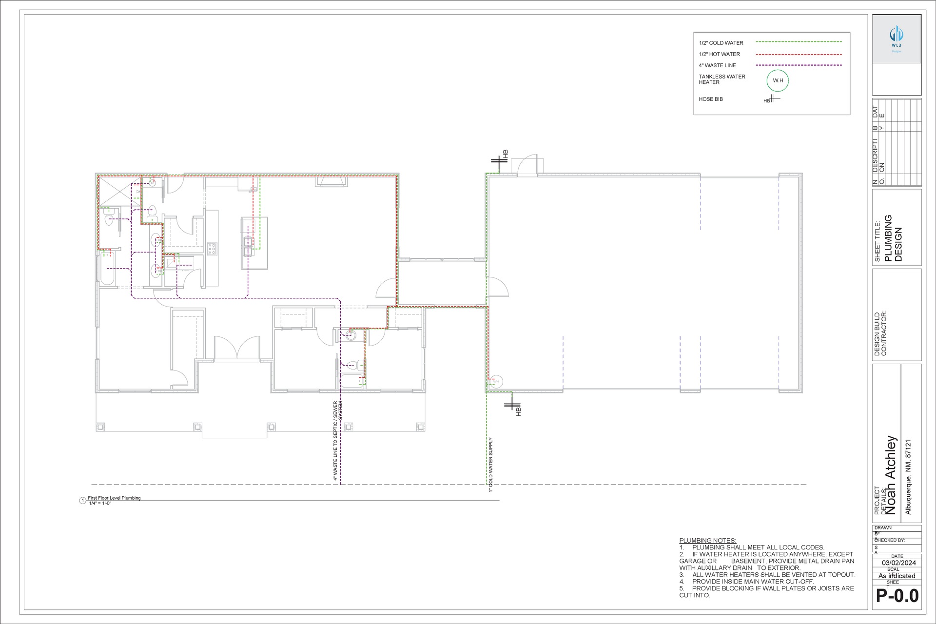 Architectural floor plan of a building, showing rooms and layout with red and green lines.