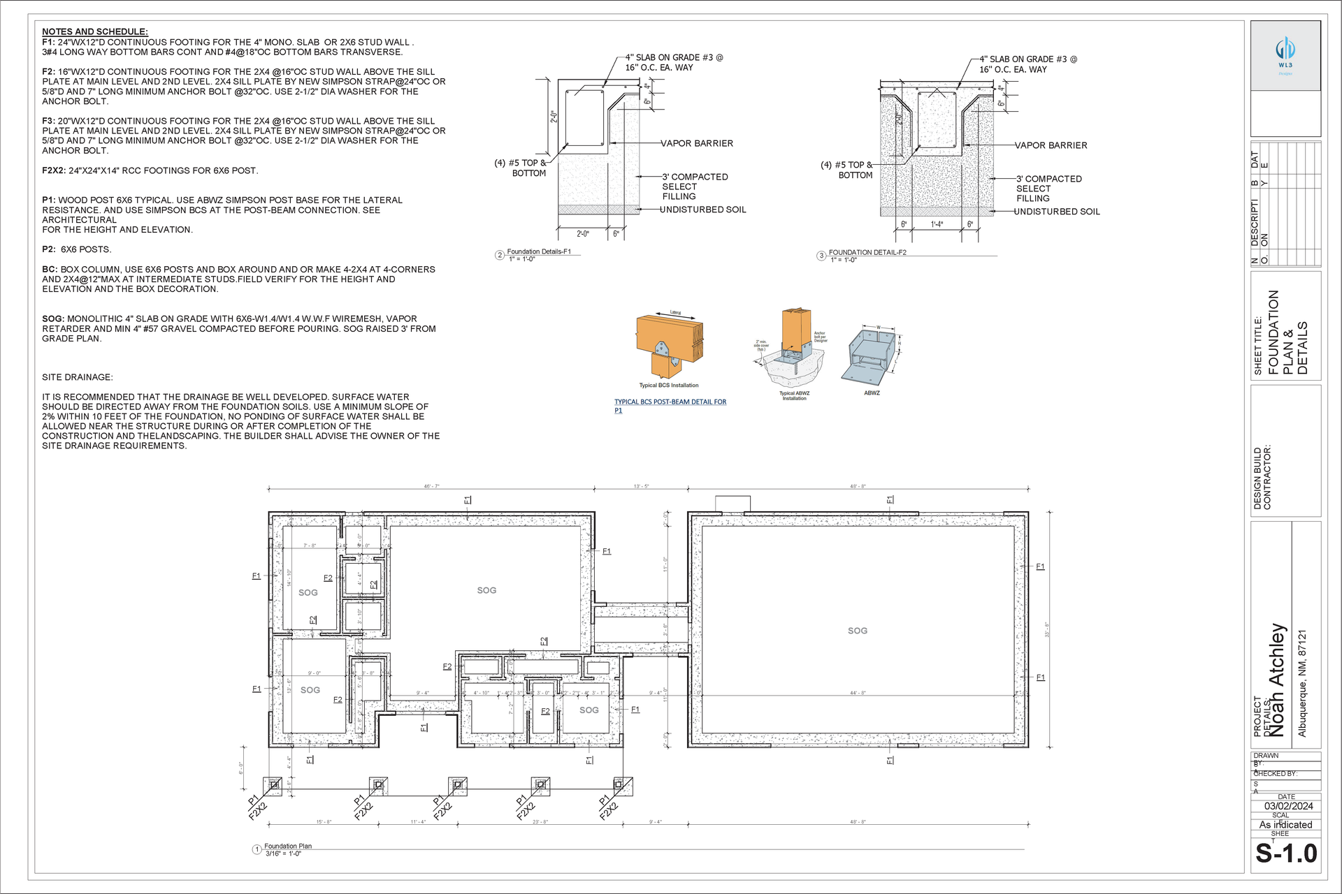 Architectural drawings: floor plan of a building with structural details and material specifications.