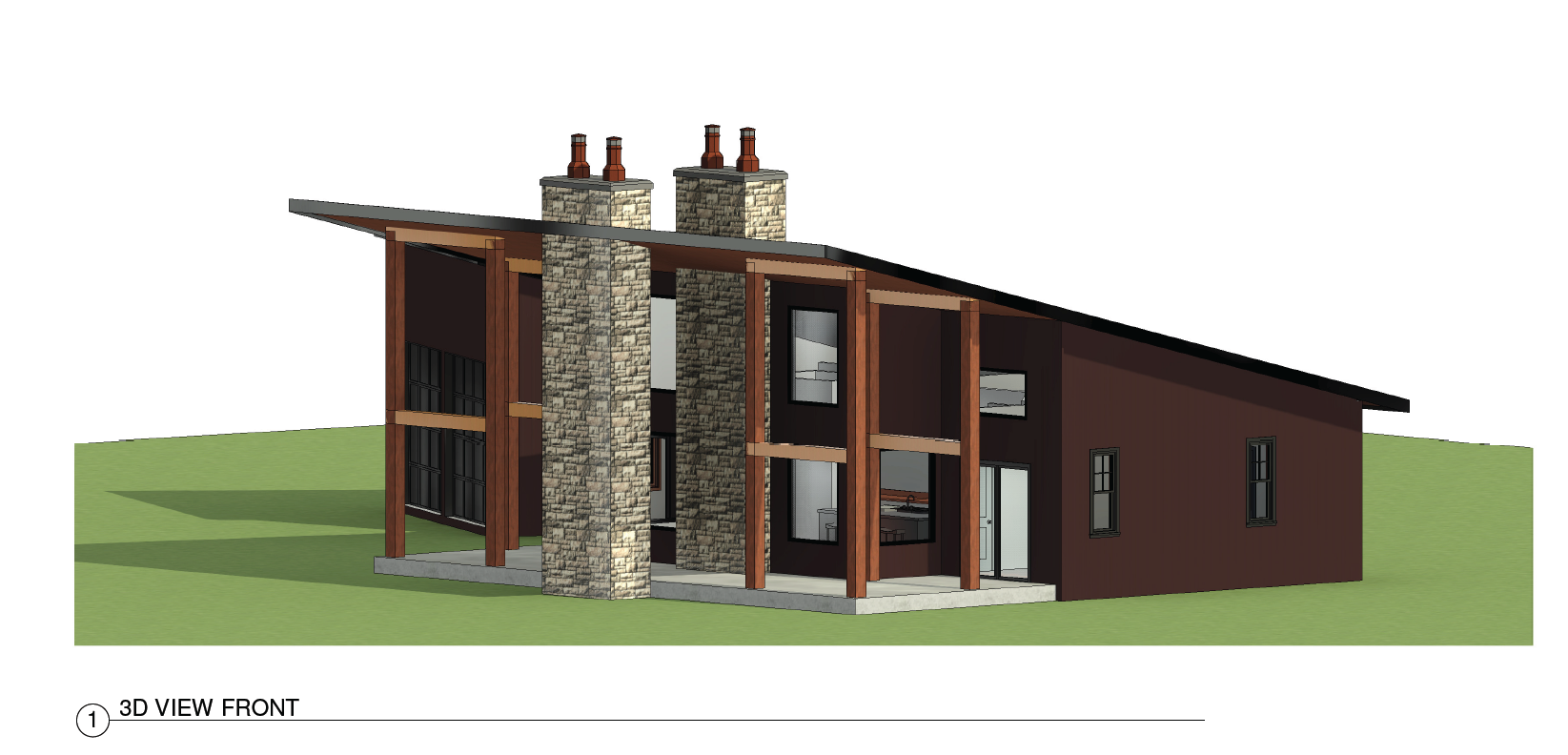 Modern brown house with stone chimney, wooden supports, and angled roof on a grassy plot.