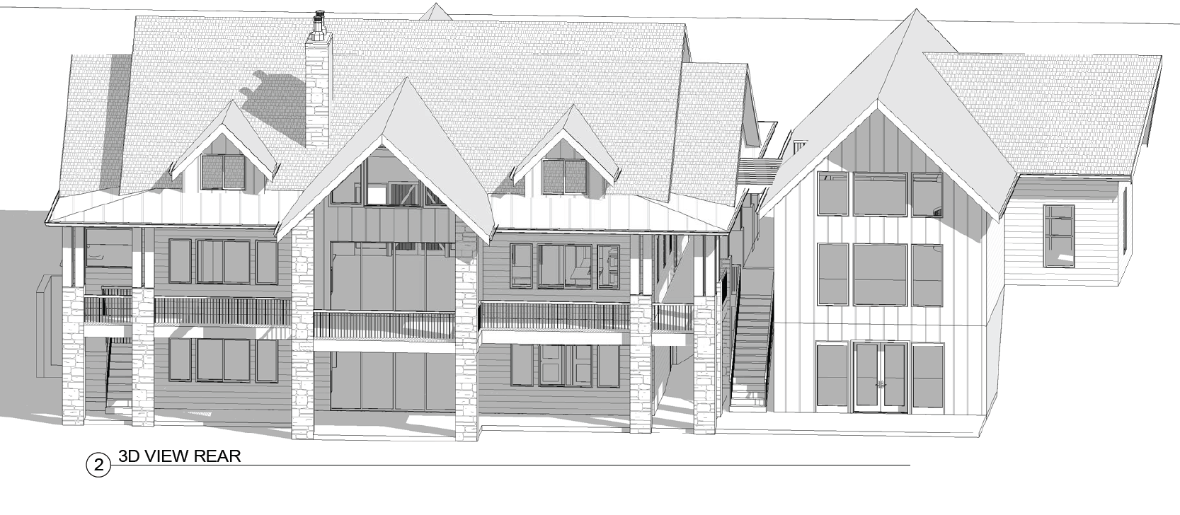 Architectural rendering of multiple buildings with pitched roofs, windows, and wooden supports.