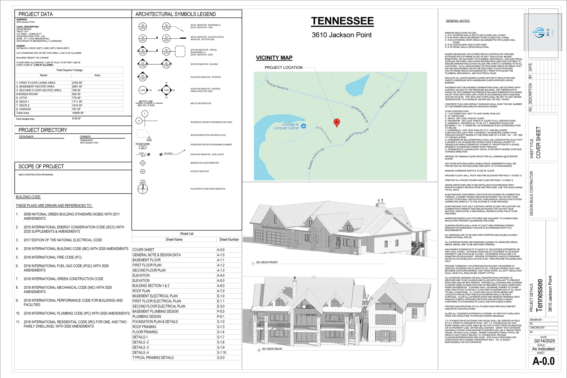 Architectural drawings of a Tennessee home, including site plan, symbols, renderings, and specifications.
