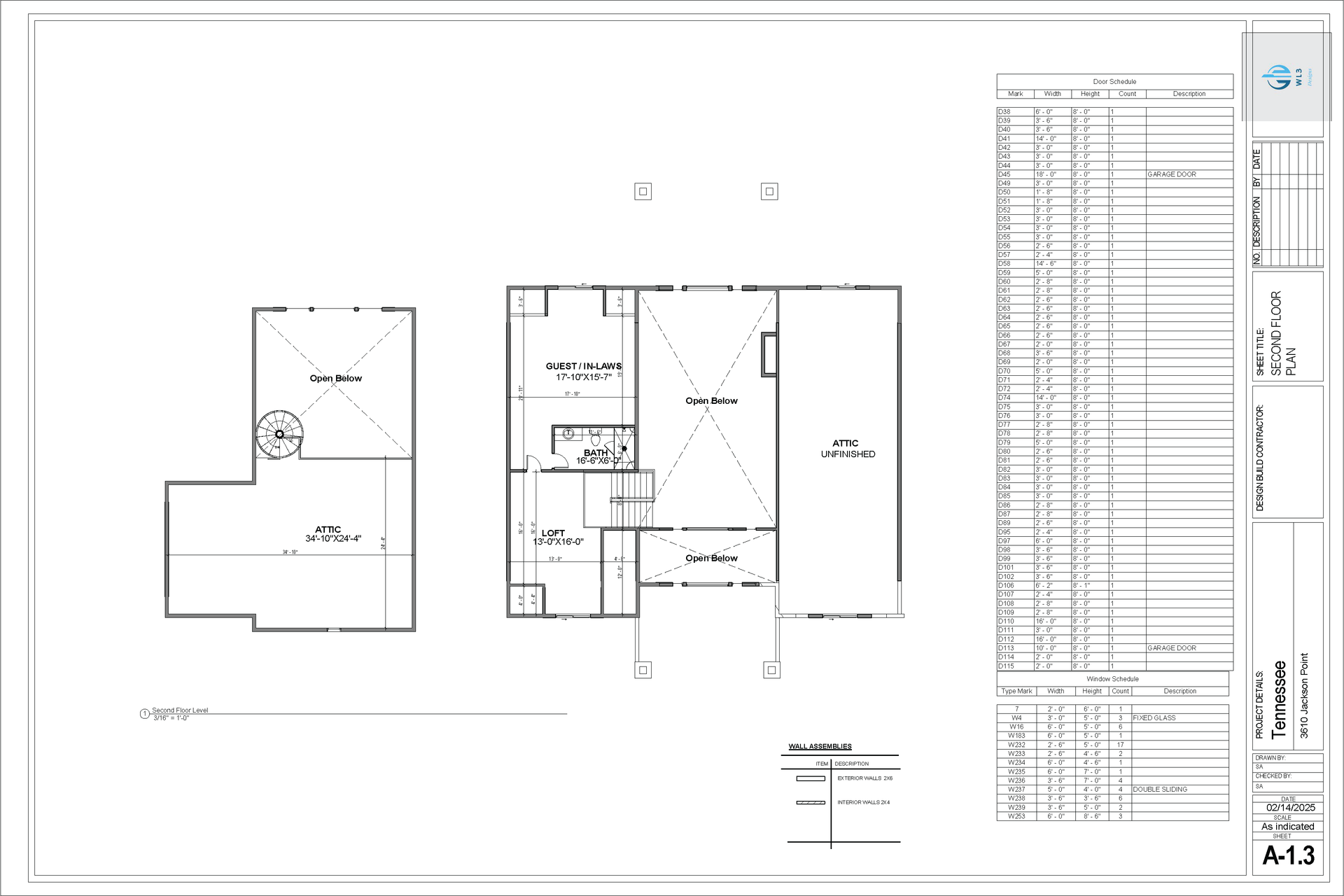 Architectural blueprint: Floor plan with detailed room layouts, labeled with dimensions and notes, and a related roof plan.