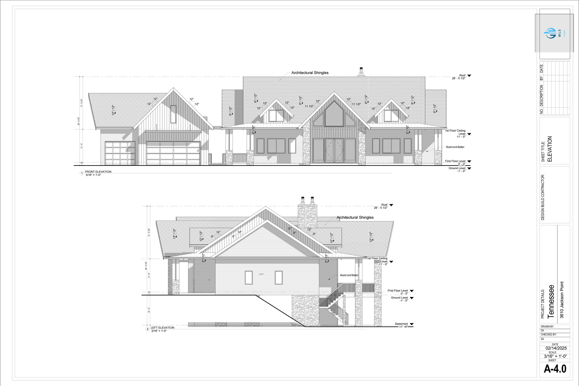 Architectural drawings of a two-story house: front and side elevations with roof, windows, and garage.