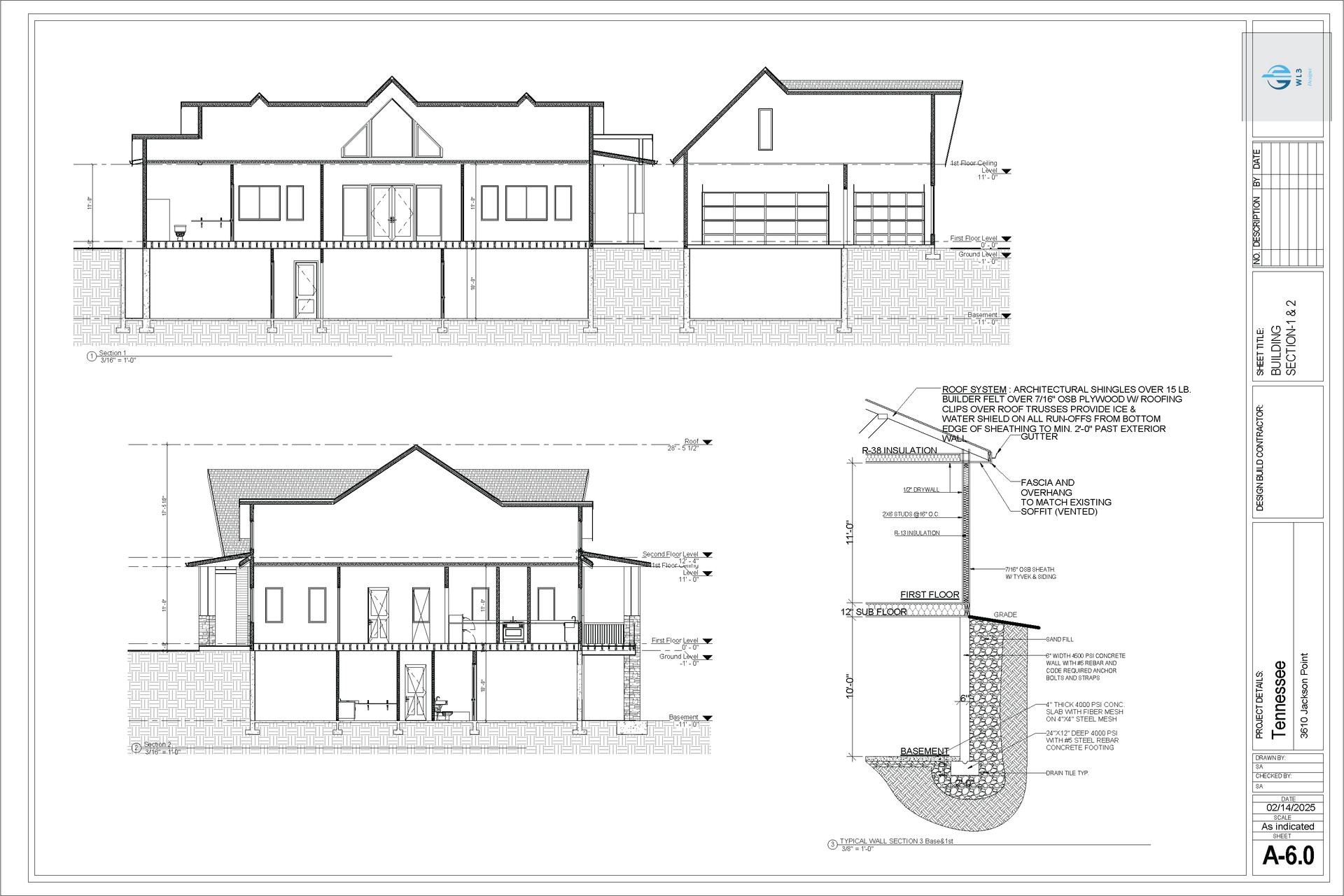 Architectural blueprints showing cross-section views of a house with detailed construction elements.